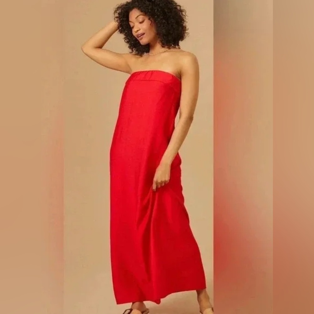 Altard State Lenen Blend Elegant Red Strapless Maxi Dress